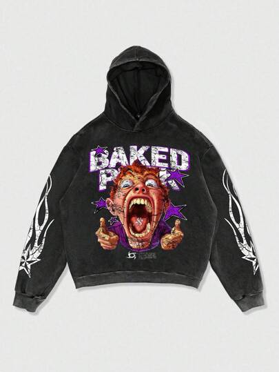 Street Life Felpa con cappuccio ampia e distressed da uomo con stampa caricaturale divertente