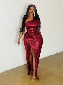 Slaydiva Elegant Asymmetrical Neck Cinched Waist Bodycon High Slit Gold Autumn Dress, Plus Size