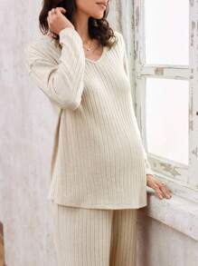 SHEIN Ensemble 2 pièces abricot : top côtelé à manches longues et pantalon, tenue de maternité confortable et décontractée pour l'automne/l'hiver