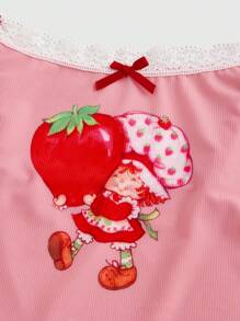 Strawberry Shortcake | ROMWE Strawberry Print Wireless Contrast Lace Lingerie Bra & Panty Set, Kawaii - Multicolor - View 3