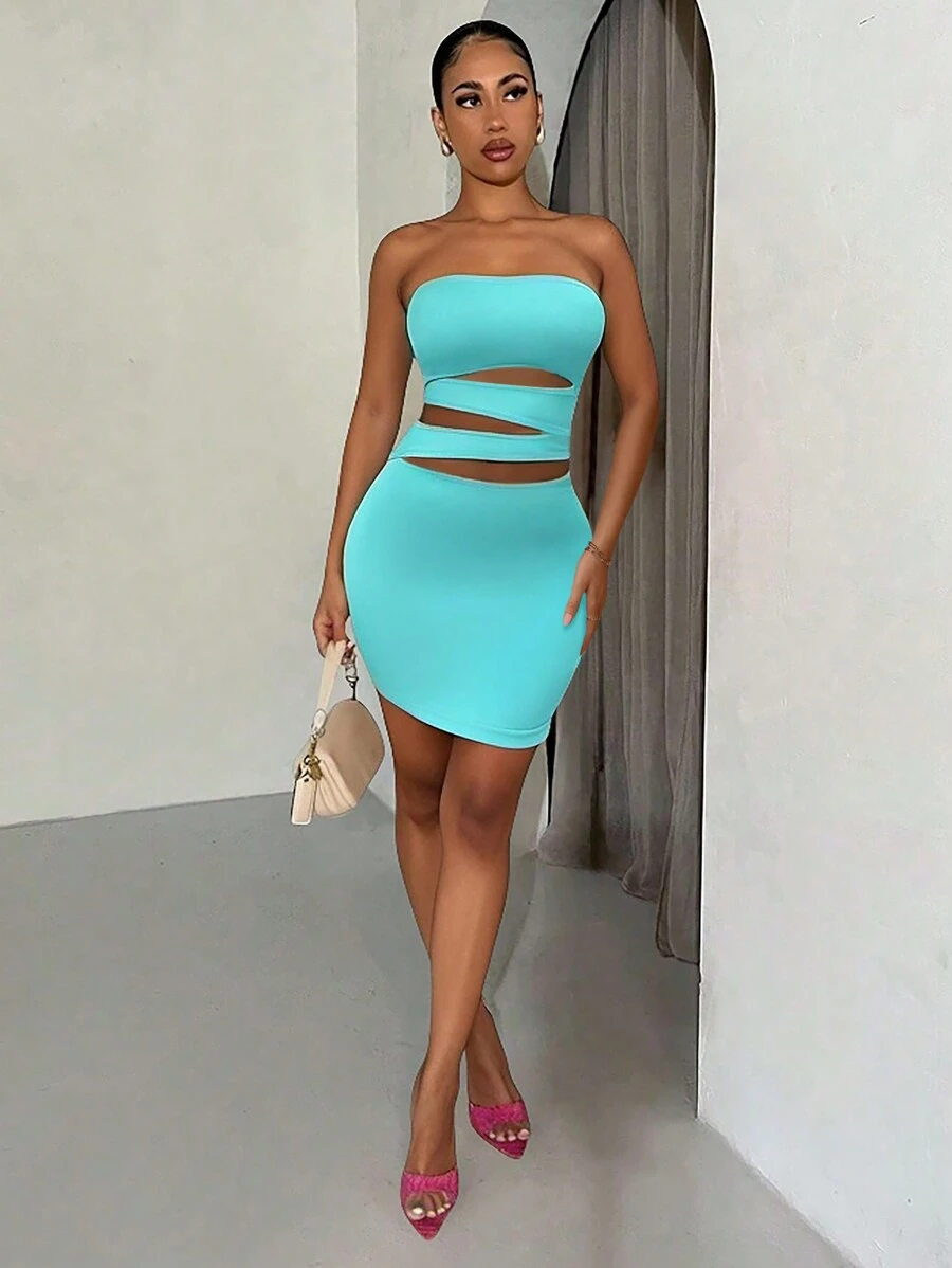 Chiquease Cut Out Tube Bodycon Dress - Mint Blue - View 1