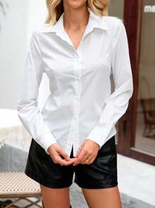 SHEIN VCAY 度假白色编织系带长袖衬衫 - 白色 - 查看 5