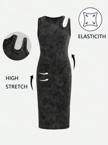SHEIN Tween Girl Fashion Stonewashed Cut Out Fitted High Stretch Knitted Denim Long Dress - Black - View 1