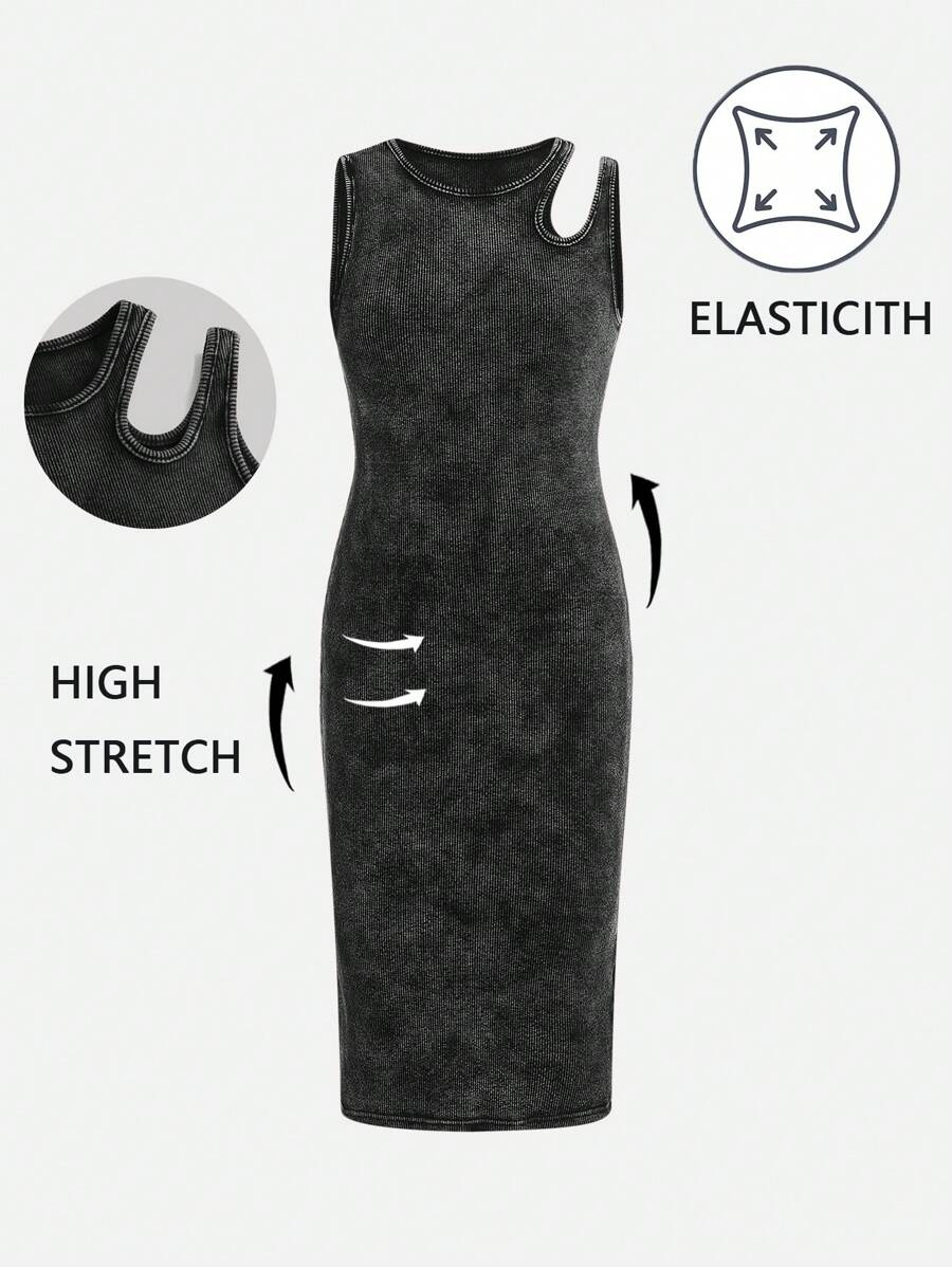 SHEIN Tween Girl Fashion Stonewashed Cut Out Fitted High Stretch Knitted Denim Long Dress - Black - View 1