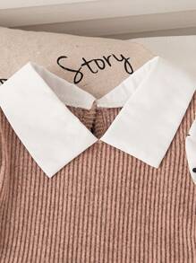 Elladie kids 女童春秋韩版穿搭，白色圆点领衬衫，棕色蝴蝶结针织背心，罗纹针织喇叭裤，简约休闲通勤套装 - 杏色 - 查看 8