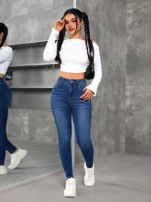 SHEIN EZwear Women's Front Button Pocket Simple Denim Jeans, Casual Daily Wear