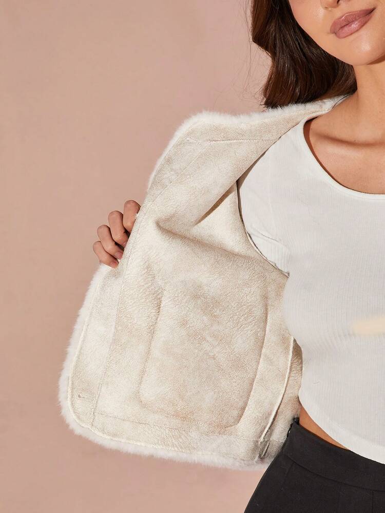 Women's Front Button Long Sleeve Casual Faux Mink Short Jacket