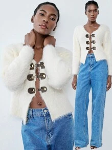 Chiquease Cardigan ample à manches longues, col boutonné et doux pour femmes en hiver