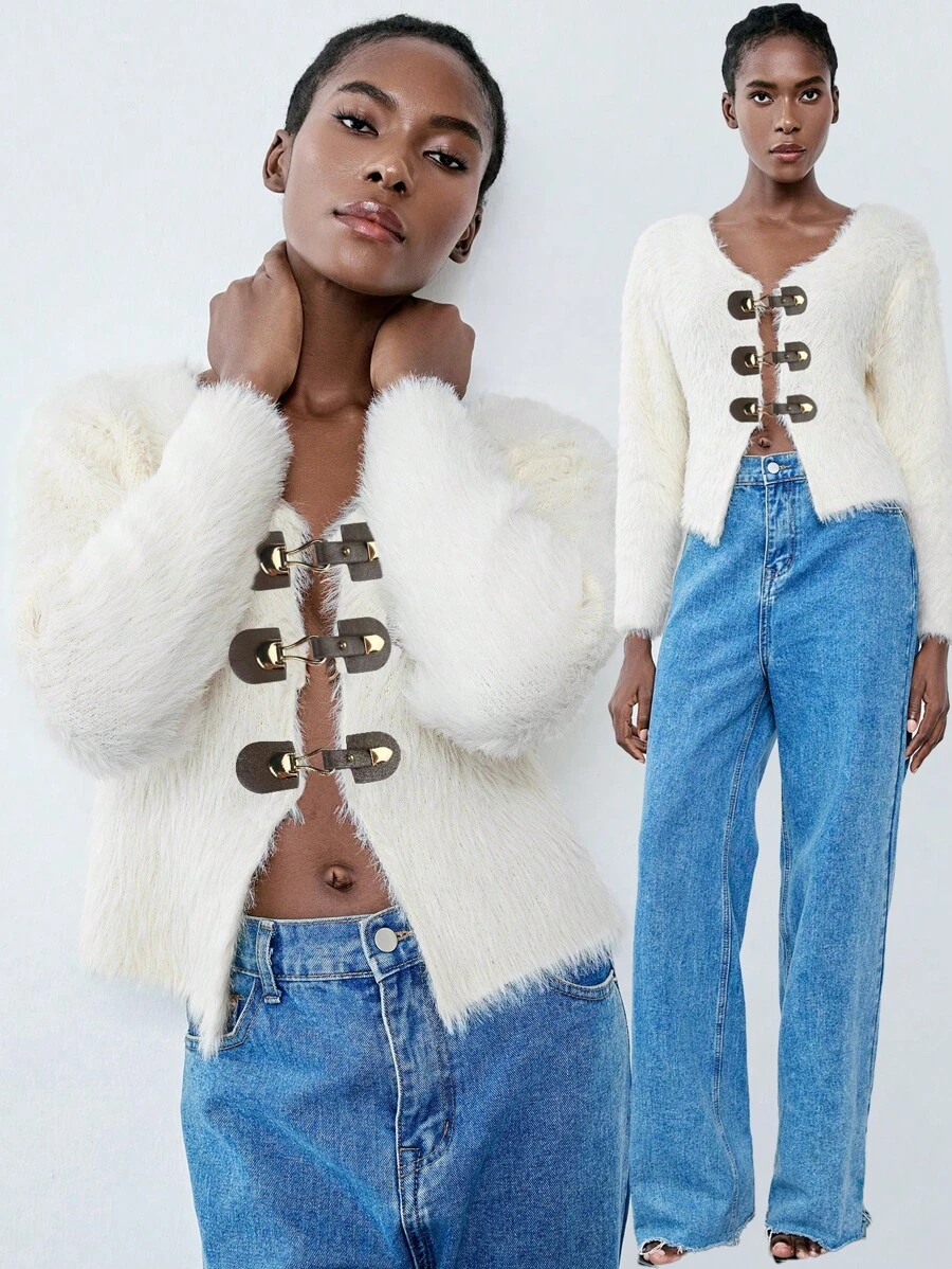 Chiquease Cardigan ample à manches longues, col boutonné et doux pour femmes en hiver