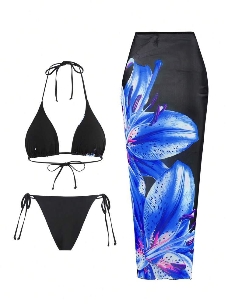 Swim Oasis Conjunto de traje de baño de 3 piezas para mujer, con parte superior de tirantes finos tipo triángulo, Bottom de triángulo con atadura lateral y cubre todo de malla larga, para vacaciones casuales de verano 2025 - Negro - Añade 2