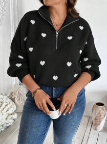 SHEIN LUNE Plus Size Women's Zippered Lapel Heart Jacquard Pullover Sweaterbusiness Casual Woman,Holiday Outfits,Country Tops, For Winter - Black - View 4