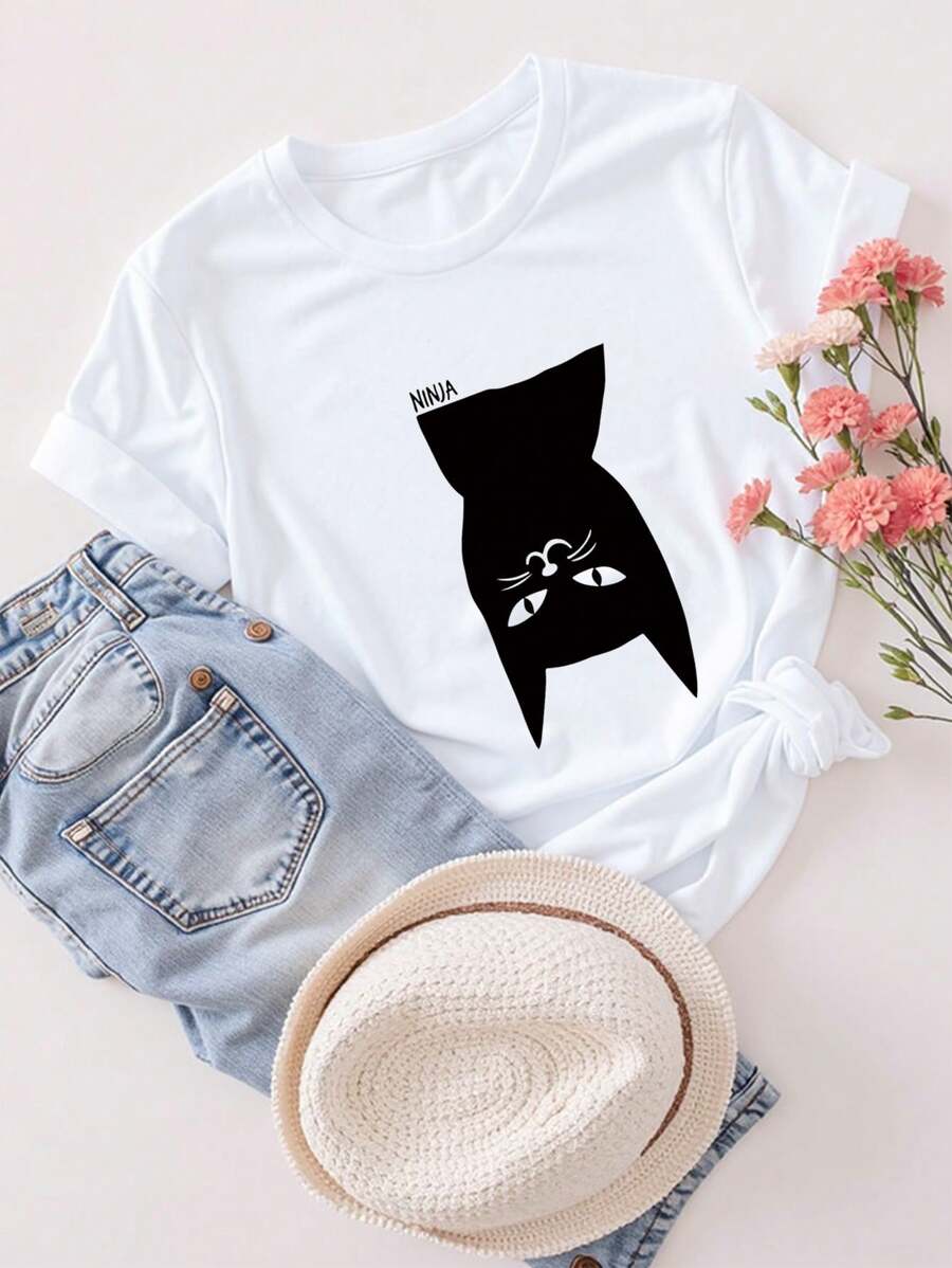 SHEIN EZwear Áo thun cổ tròn tay ngắn in hình mèo ngộ nghĩnh thường ngày dành cho nữ - trắng - Xem 1