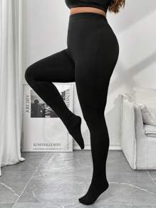 SHEIN Essnce Plus Size Women's Thanks Giving Clothes Fall Winter New Fashion Casual Commuting Elegant And Comfortable Solid Color Black Leggings Leggings 2 Pieces Set Of Pants, Women Tights Christmas Leggings Black Legging Warm Leggings