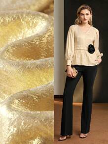 MOTF Soiréza Parte superior tipo peplum de fiesta con contraste de flor estereoscópica, manga farol y escote en V - Dorado - Ver 2