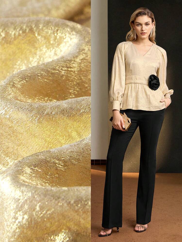 MOTF Soiréza V-Ausschnitt Laternenärmel Kontrast stereo Blumen Party Peplum Top