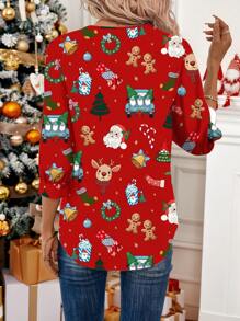 SHEIN LUNE Dames Casual Eenvoudig Kerst Hertenpatroon Kantoorkleding Print Shirt, Geschikt Voor Herfst/Winter
