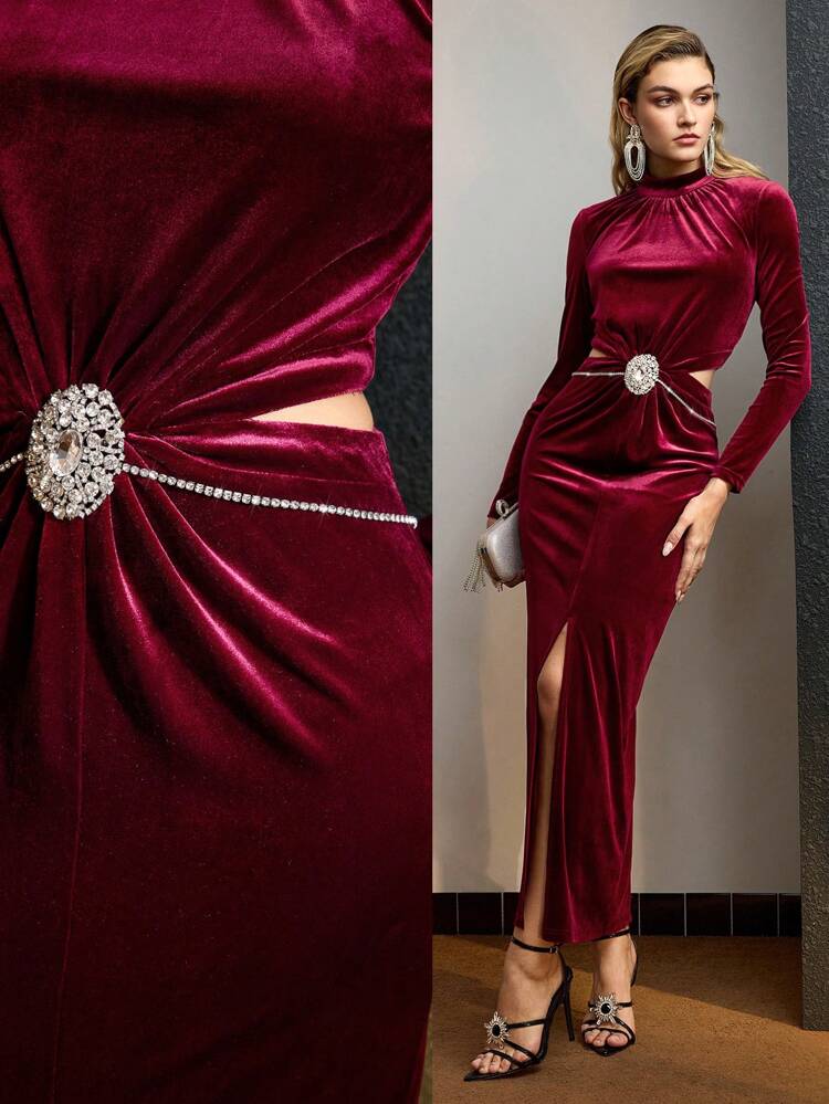 VELVET MOCK NECK CUTOUT WAIST RHINESTONE DETAIL SLIM FIT LONG DRESS