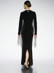 AiiRZ Vestido de noche de terciopelo con diseño de corte con drapeado en la parte delantera, manga larga, longitud hasta el piso, vestido de fiesta de cóctel, maxi, para otoño, invierno, fiestas y ocasiones formales