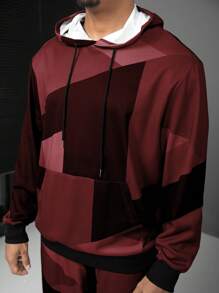 Manfinity Homme Plus Size Men's Solid Color Patchwork Casual Hooded Sweatshirt And Pants Set