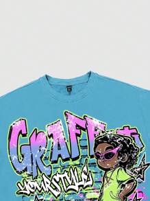 ROMWE MEN Street Life 男式厚重宽松 T 恤，带字母和人物印花 - 藍色 - 查看 3