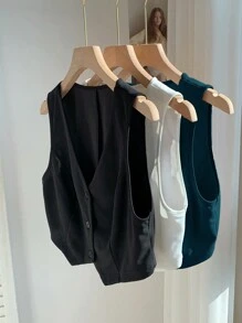 Comfortcana 3pcs Women's Solid Color Single-Breasted Casual Vest Set In Fall/Winter - Multicolor - View 3