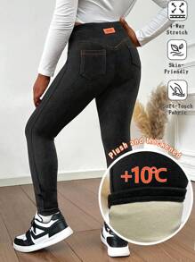 SHEIN Tween Girl's Thick Lined Contrast Color Seam Patch Pockets Leggings, Warm For Autumn/Winter - Black - View 1