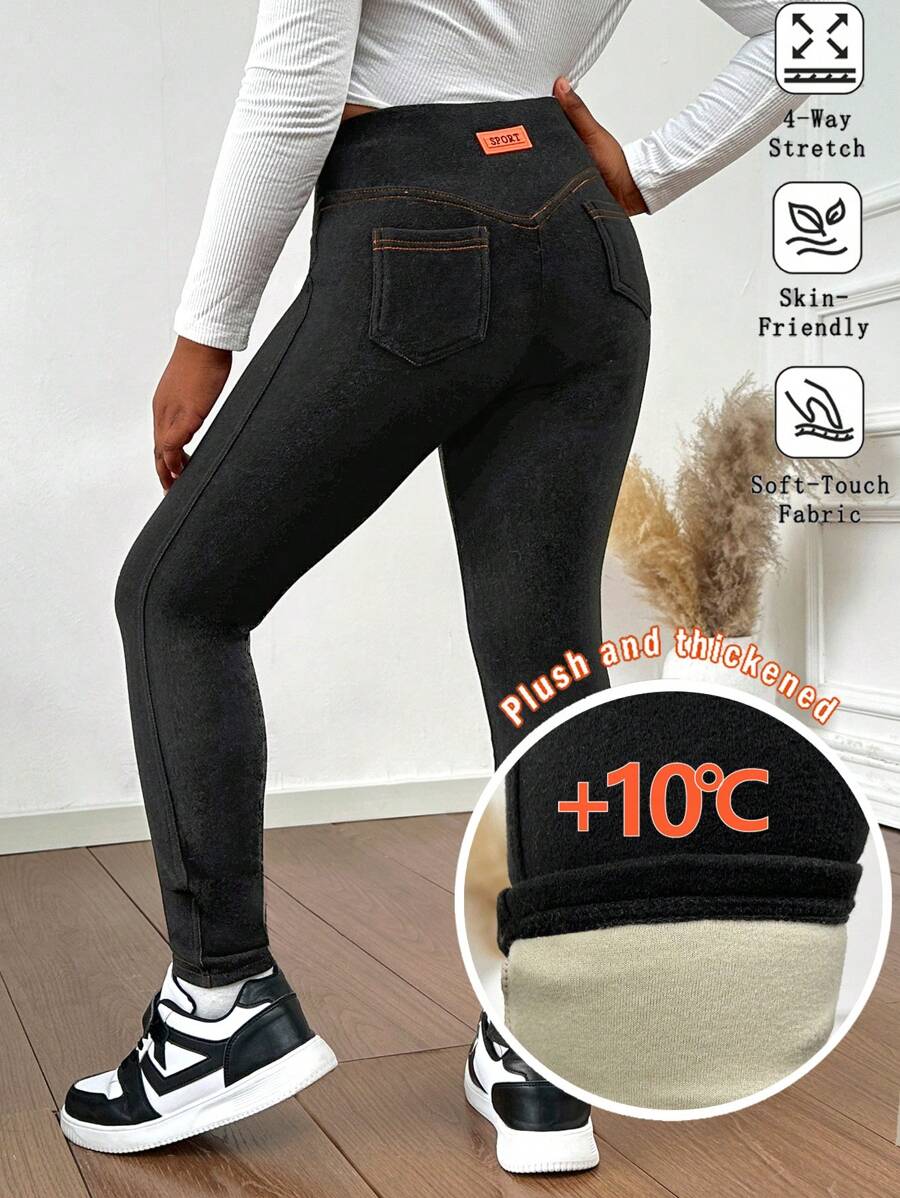 SHEIN Tween Girl's Thick Lined Contrast Color Seam Patch Pockets Leggings, Warm For Autumn/Winter - Black - View 1