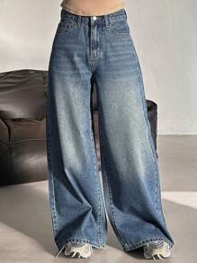 DAZY Damen Lässige weite Bein Jeans aus gewaschenem Denim - Mittele Waschung - Übersicht 4