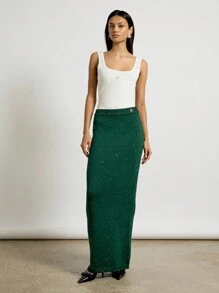 AiiRZ Sparkly Knit Maxi Skirt Festive Holiday Evening Ribbed Waistband Shimmer Party Long Winter Occasion Wear