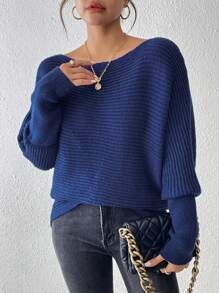 Chiquease Women's Solid Color Crew Neck Casual Pullover Long Sleeve Sweater - Navy Blue - View 3