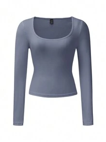 Zavorell Women Casual Solid Color Crew Neck Fitted Long Sleeve T-Shirt, Autumn Fall Cloth For Women - Blue - View 6