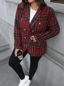 SHEIN LUNE 大码优雅双排扣长袖千鸟格印花外套感恩节女装新年冬装女装狂欢、圣诞服装女装生日派对、老钱风格