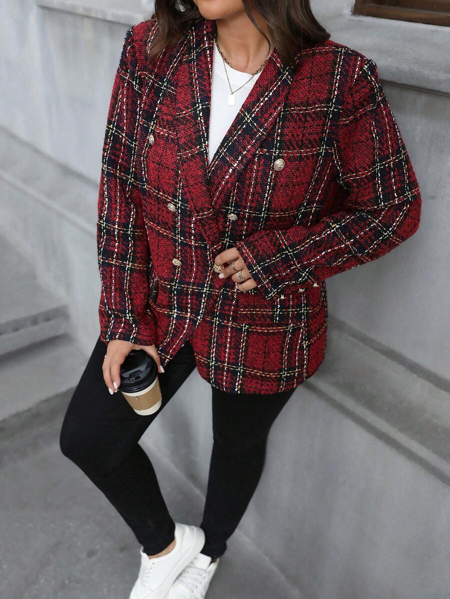 SHEIN LUNE 大码优雅双排扣长袖千鸟格印花外套感恩节女装新年冬装女装狂欢、圣诞服装女装生日派对、老钱风格