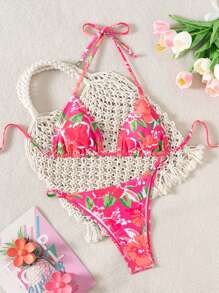 SHEIN Swim Women's Floral Print Sexy Halter Tie Bikini Swimwear, Split-Style, Random Print Summer - Pink - View 1