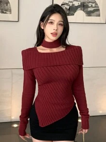 DAZY Áo len nữ cổ yếm không đối xứng ôm sát màu trơn, quần áo mùa thu - Màu Đỏ Sâu - Xem 5