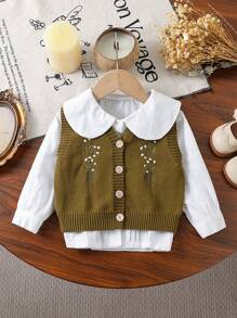 Baby Girls' Cardigans, Black Knitted Sweater, Green Leaf Embroidered Casual, Leisure Vest, Sleeveless Jacket, Black Button Fashion Cardigan, Suitable For Spring, Autumn And Winter, Warm, Fit For Everyday, Outings, Travel, Vacation, Home, Daycare, School - Olive Green - View 3