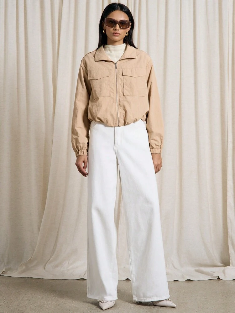 Lightweight Cropped Utility Bomber Women Jacket With Zip Front