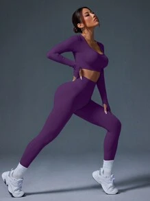 SHEIN Sport Studio Women Solid Color Round Neck Long Sleeve Top & Pants Sports Suit, Minimalist Design Gym Set Workout Women Set