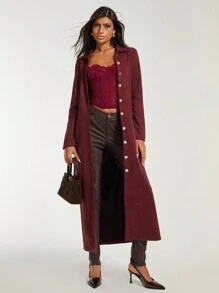 COSMINA Wine Red Long Sleeve Metal Button Belted Dress For Women, Suitable For Valentine's Day And New Year, Autumn/Winter - Burgundy - View 3
