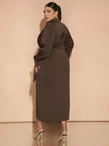 SHEIN BAE Plus Size Fall And Winter Elegant Daily Commuting Party Women Green Satin Overlap Wrap Drape Asymmetric Slit Bowknot Long Sleeves With Buttons Long Dress Party Wear Christmas Wear Commuting Wear New Year Eve Dress New Years Dress Christmas Women Dress Christmas Women Clothes Christmas Dress Christmas Party Dress Thanksgiving Women Outfit Elegant Dress Holiday Dress Christmas Outfits