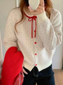 DAZY Jersey holgado de mujer con cuello redondo y lunares, para otoño e invierno, parte superior de manga larga
