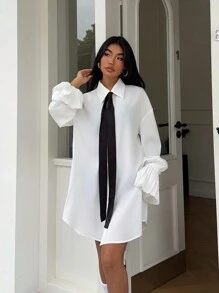 Chiquease Áo sơ mi dài tay cổ nơ xếp ly màu trơn cho nữ dài tay - trắng - Xem 4