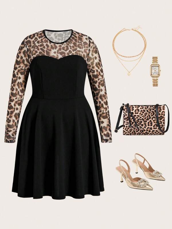 Ellevyn Vestido de manga larga elegante con cuello redondo, ajuste ceñido y estampado de leopardo en tallas grandes