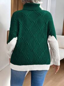 Calvaya Plus Size Plain Color Patchwork Turtleneck Long Sleeve Simple Casual Pullover Sweater, Winter - Dark Green - View 2