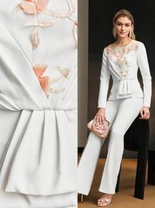 MOTF Soiréza EMBROIDERY FLORAL MESH INSERT PEPLUM TOP - White - View 2