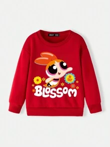 THE POWERPUFF GIRLS X SHEIN 女婴休闲红色卡通印花圆领运动衫，秋季 - 紅色 - 查看 6