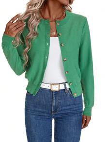 SHEIN LUNE Short Solid Color Buttoned Front Casual Knitted Long Sleeve Cardigan Fall Cloth For Women - Green - View 6
