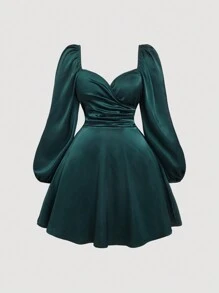 SHEIN MOD Plus Size Vintage Dark Green Wrap Style Satin Elegant Office Dress - Dark Green - View 1