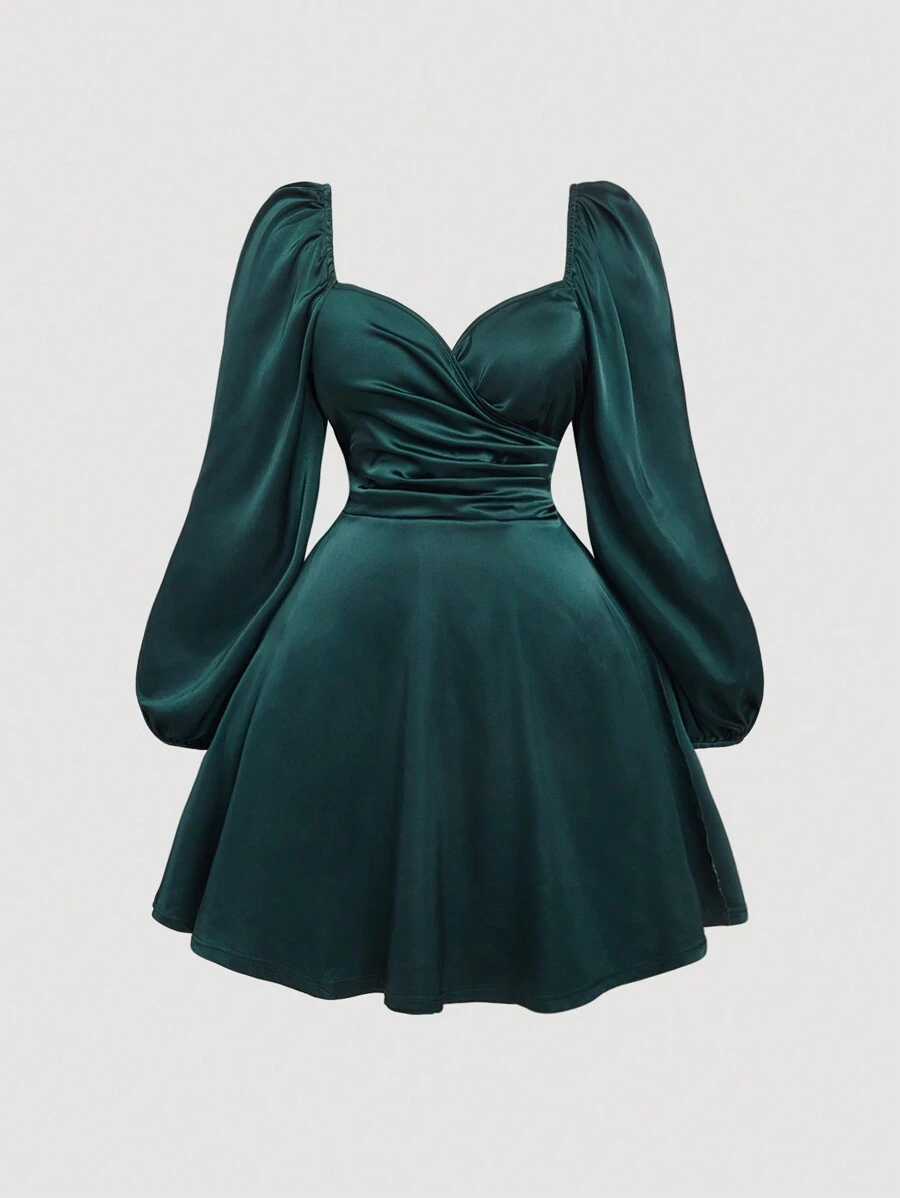 SHEIN MOD Plus Size Vintage Dark Green Wrap Style Satin Elegant Office Dress - Dark Green - View 1