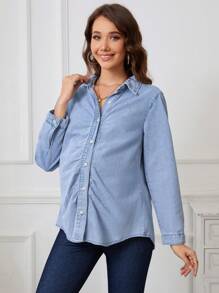SHEIN 孕妇前扣长袖简约牛仔衬衫，日常休闲穿着